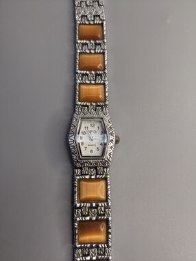 Rydquist  Watch Silver Tone Bracelet Orange Stone Panels Southwestern Style